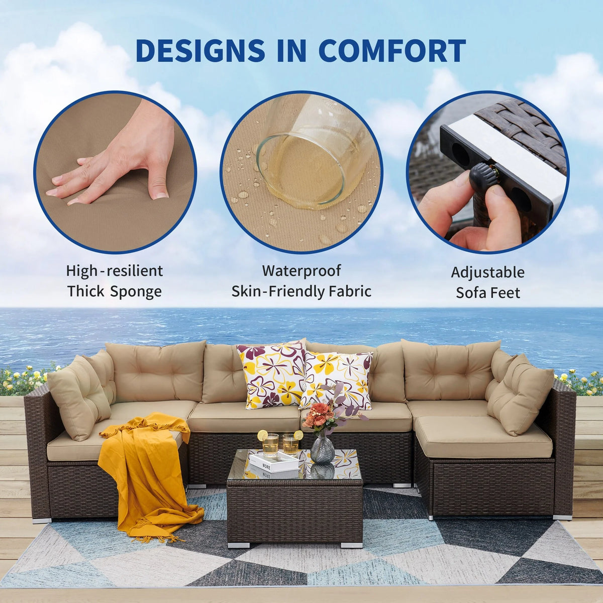 7 Pieces Wicker Rattan Patio Furniture Set Brown X689639