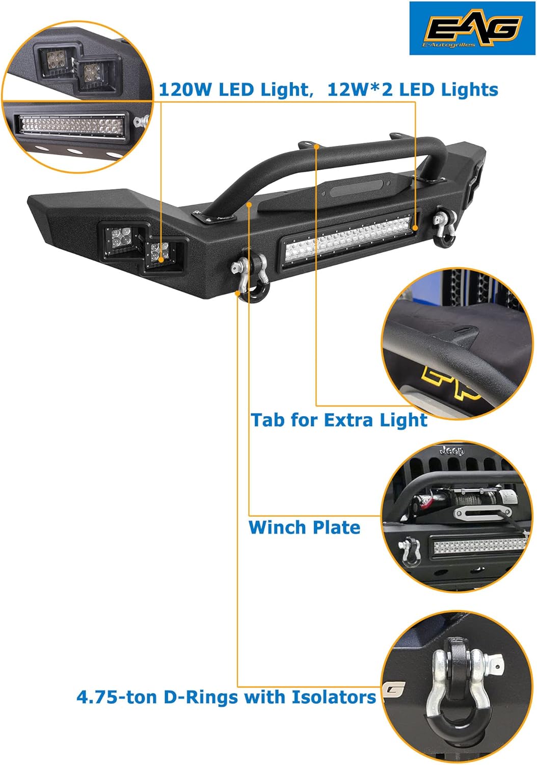 LED Front Bumper with Winch Mount Plate for Gladiator JT T50218