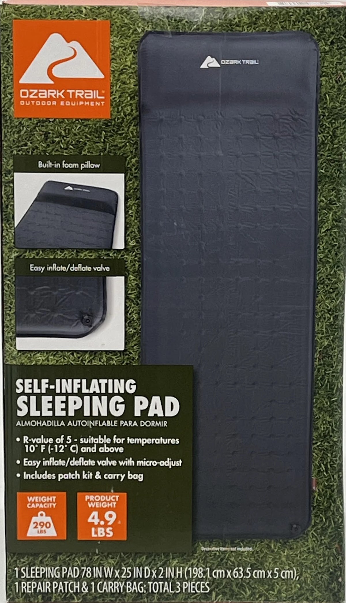 Self-Inflating Camp Pad with Pillow, Grey, 78" L x 25" W x 2" H N6411
