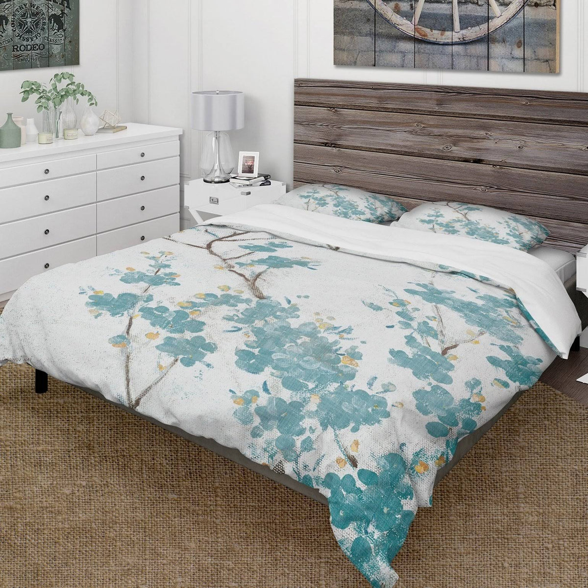 Teal Cherry Blossoms Queen Fabric Duvet Cover Set P584740