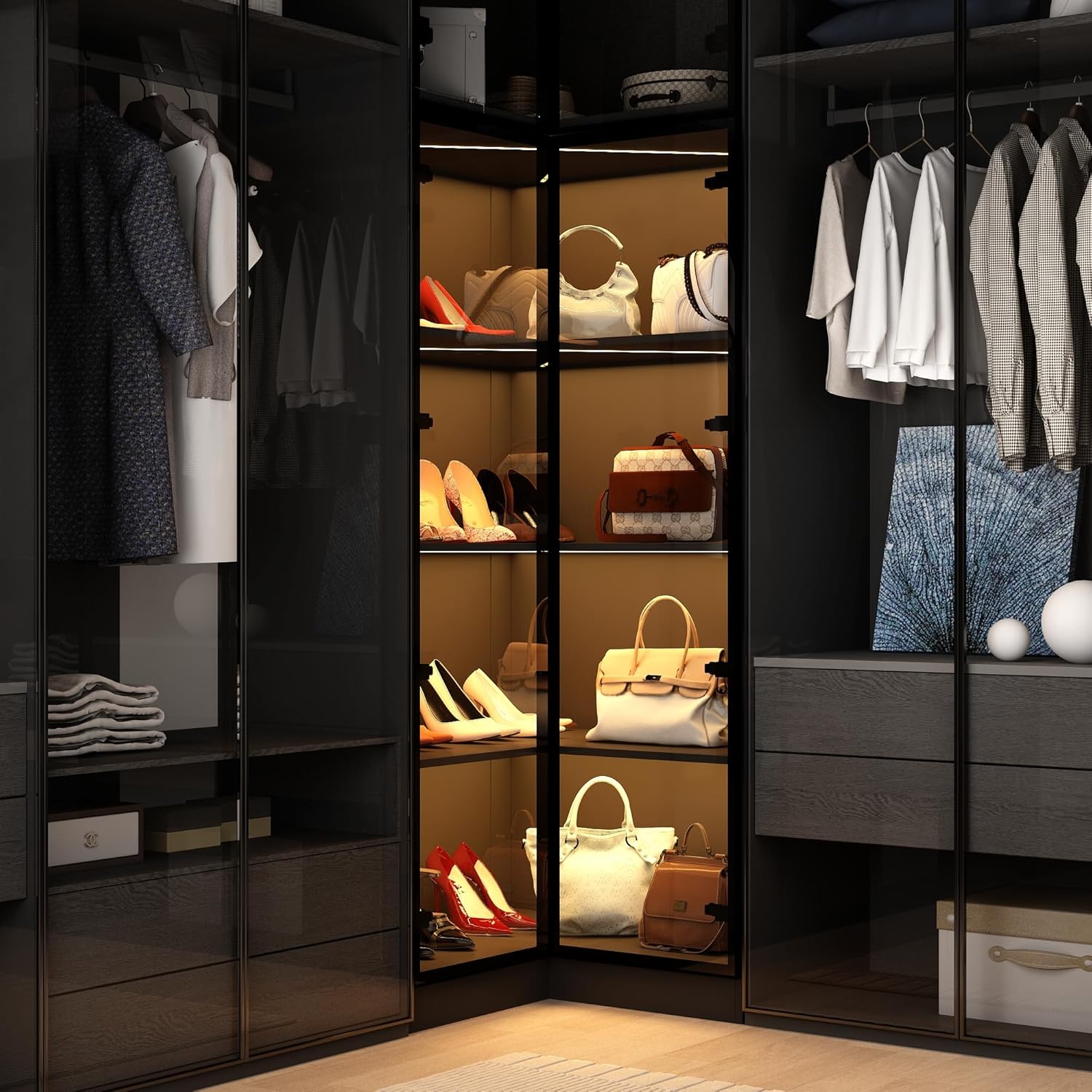 Black Corner Storage Cabinet with Glass Door and Light, 2 Doors and 4 Shelves, 31.5"L x 31.5"W x 63"H D829803