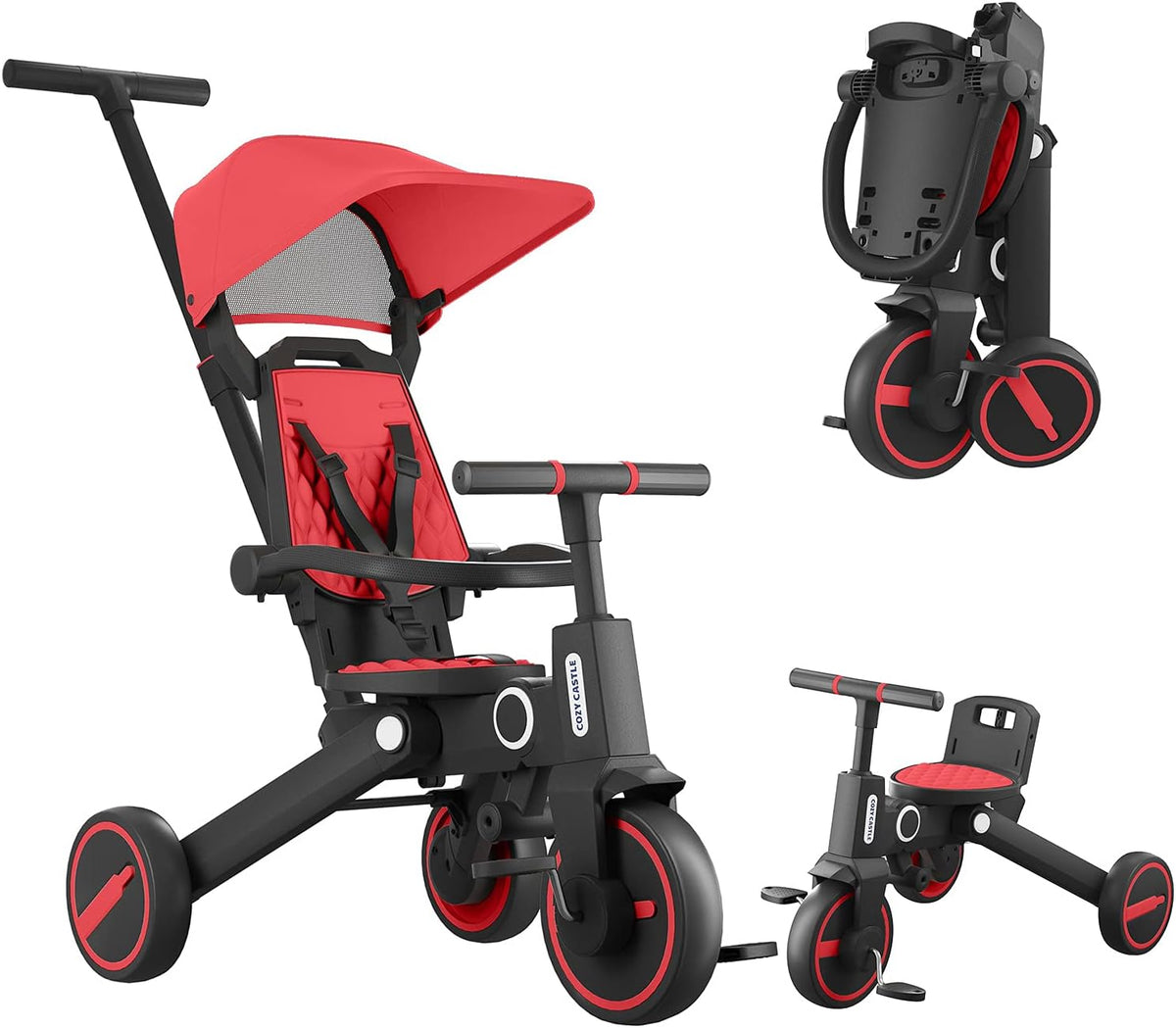 Green 7-in-1 Foldable Toddler Tricycle with Adjustable Canopy and Detachable Pedals Y443810