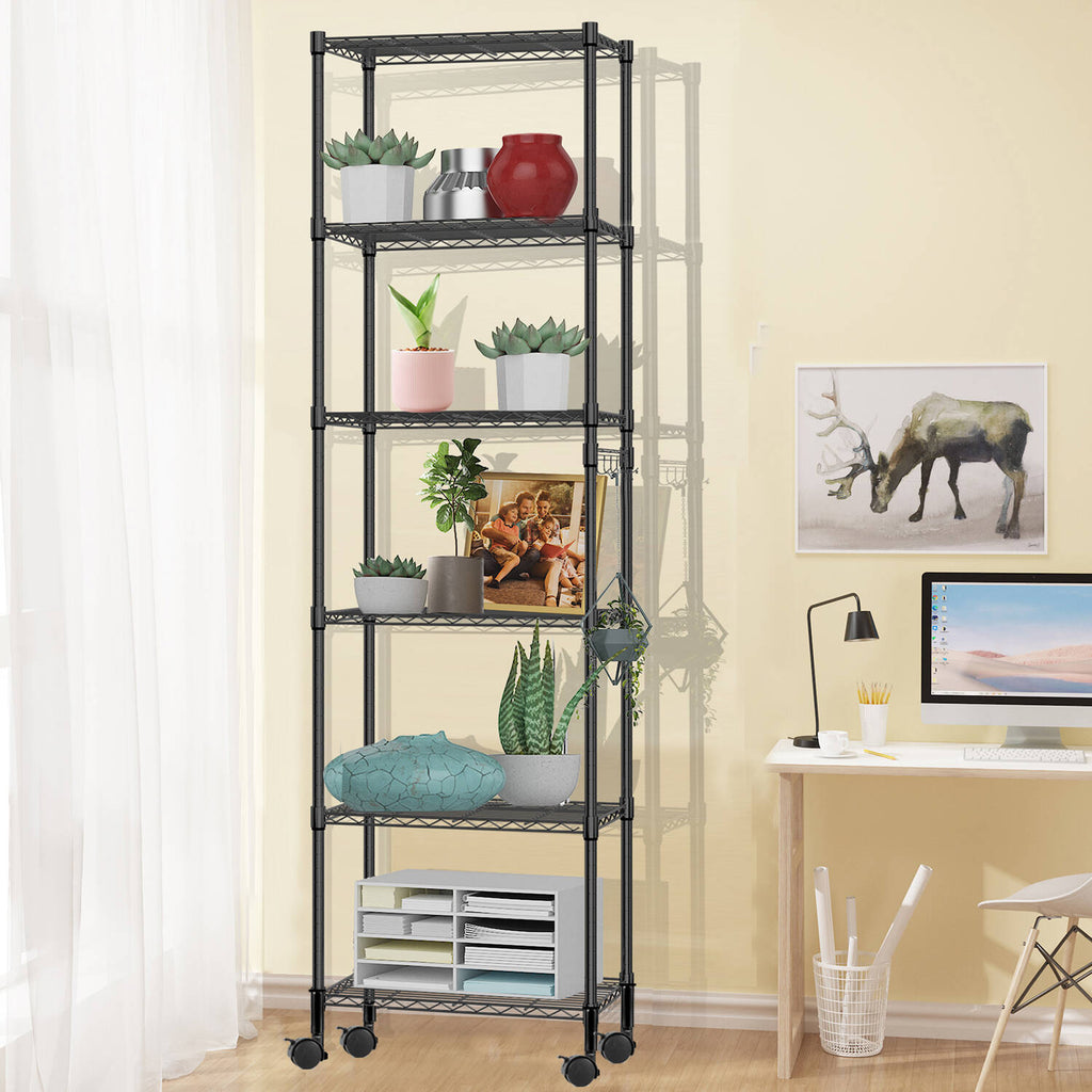 6 Shelves Wire Metal Heavy Duty Shelving Rack with Wheel, Silver F10552