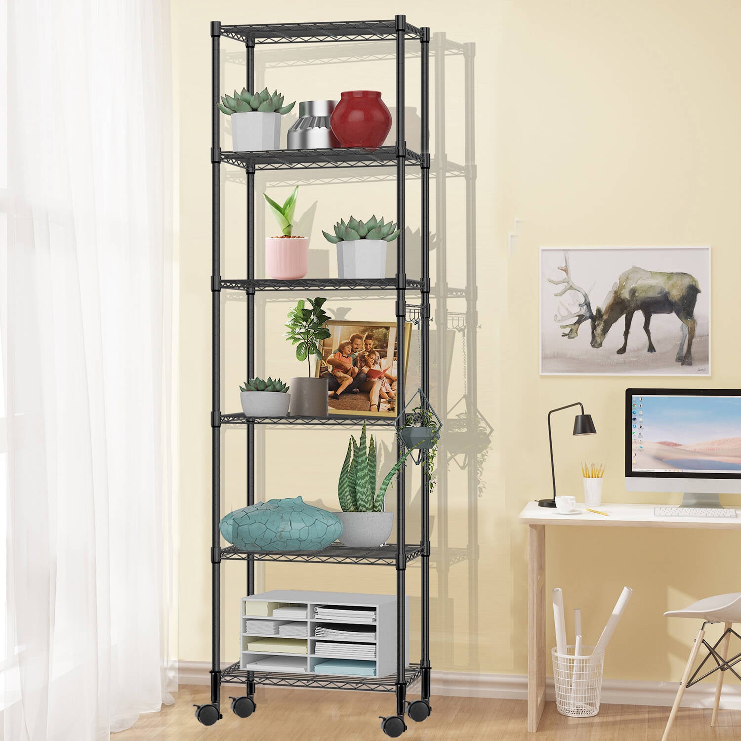 6 Shelves Wire Metal Heavy Duty Shelving Rack with Wheel, Silver F10552