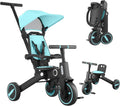 Green 7-in-1 Foldable Toddler Tricycle with Adjustable Canopy and Detachable Pedals Y443810