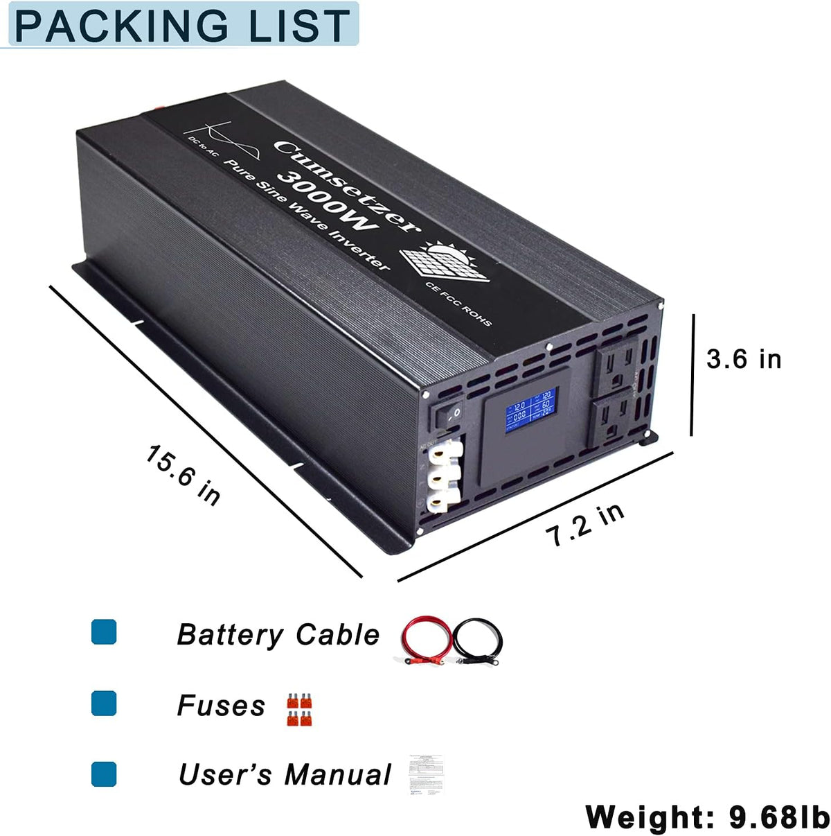 3000 Watt Pure Sine Wave Inverter 12V to 110V 120 Volt with Dual US Outlet and LCD Display K436607