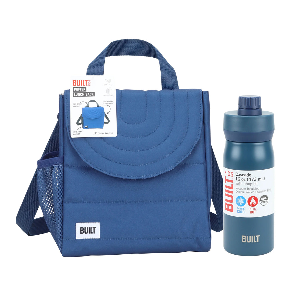 Blue Reusable Lunch Bag and 16 fl oz Stainless Steel Water Bottle Bundle Q147685