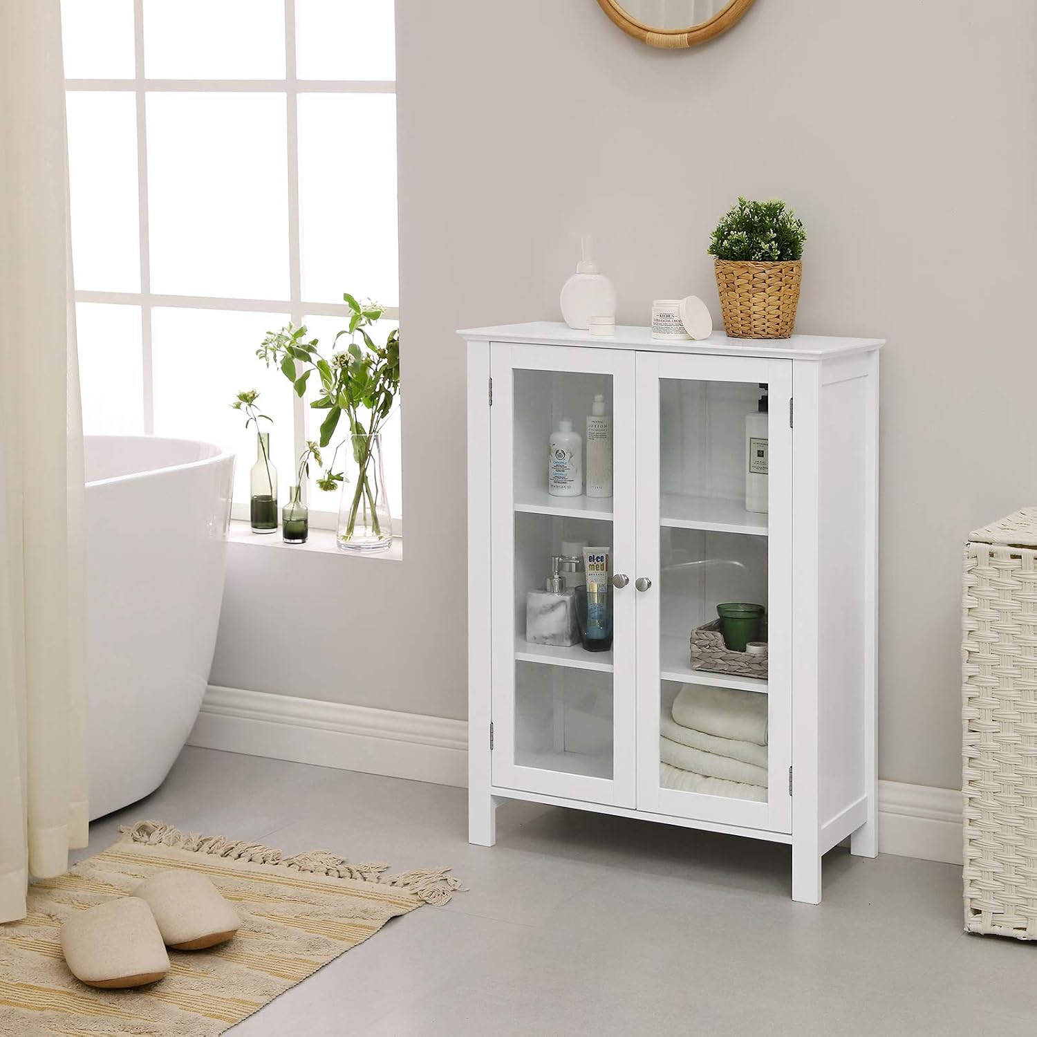 Storage Cabinet with 2 Adjustable Shelves, Transparent Glass Doors, Matte White K67432