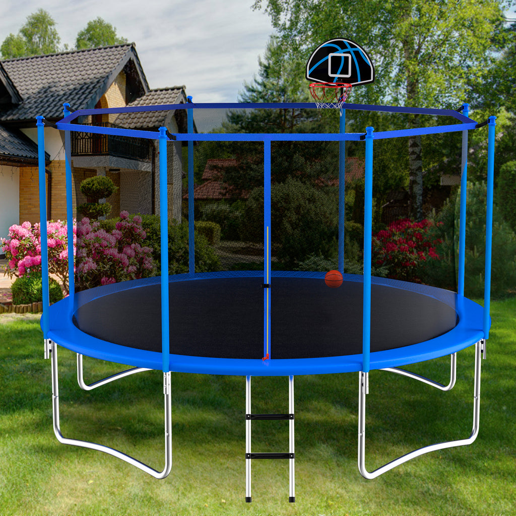 10 Feet Blue Outdoor Trampoline with Basketball Hoop and Safety Enclosure U572