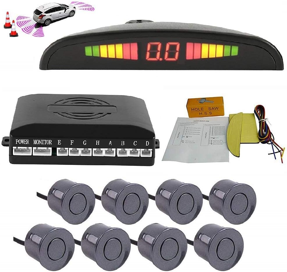 Silver 8 Sensors Car Front and Rear LED Display Reverse Parking Kit Buzzer Alarm Pack of 2 H385400