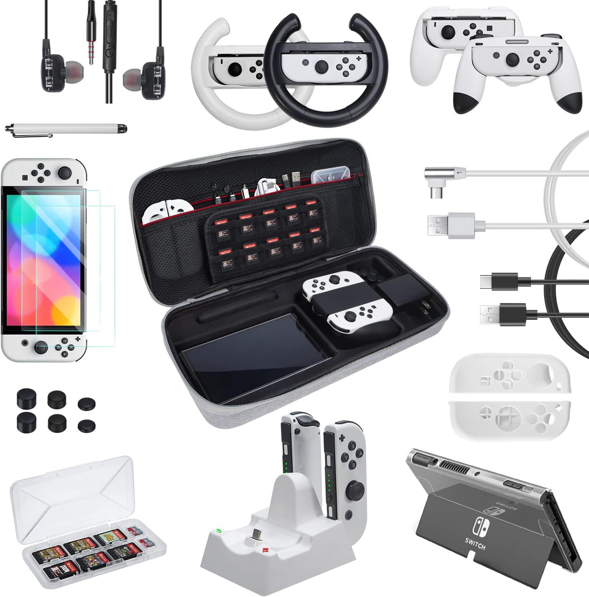 20 in 1 Switch Accessories Bundle with Case, Screen Protector, Grip Case, Games Holder, Headphones, Joy Con Grips, Caps, Steering Wheels, Charger C114