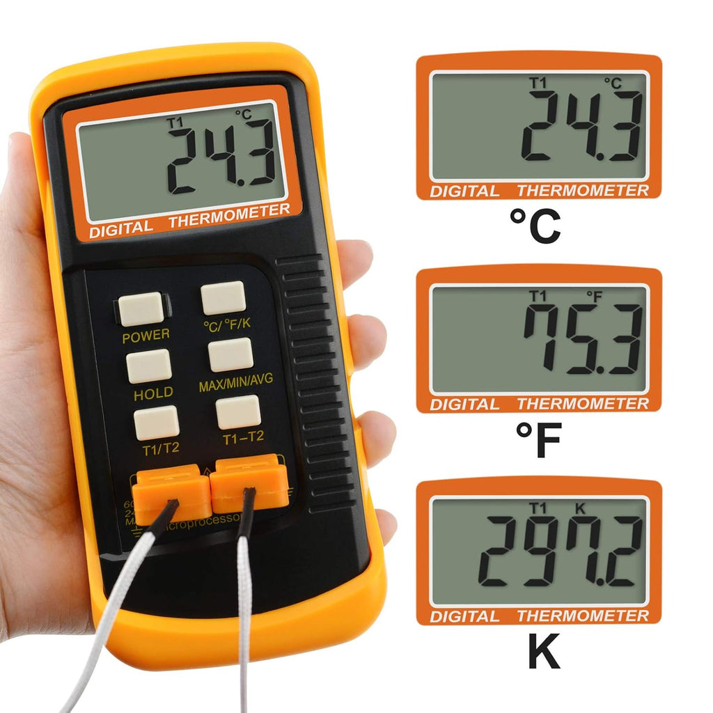 2 Channels K-Type Thermometer with 4 Stainless Steel Thermocouples, -50~1300°C Handheld Desktop Meter M41100