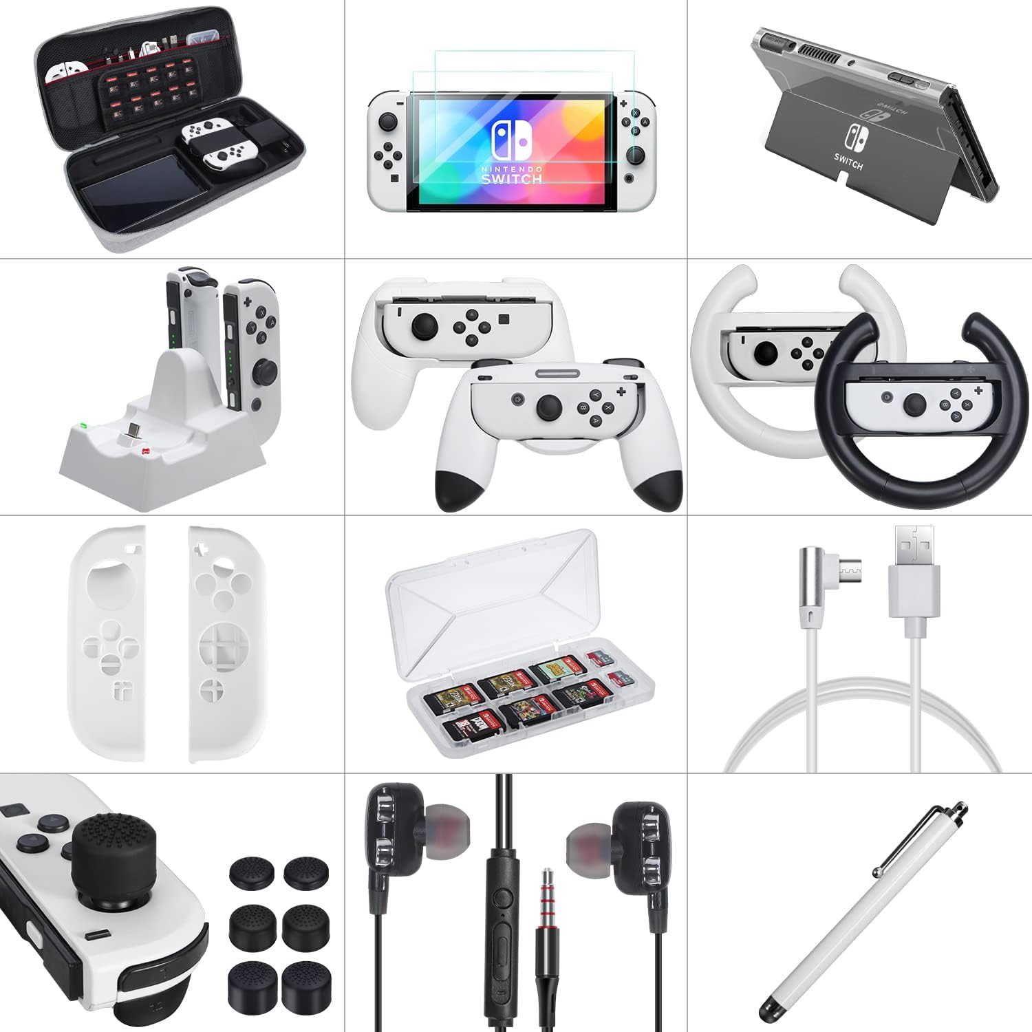 20 in 1 Switch Accessories Bundle with Case, Screen Protector, Grip Case, Games Holder, Headphones, Joy Con Grips, Caps, Steering Wheels, Charger C114