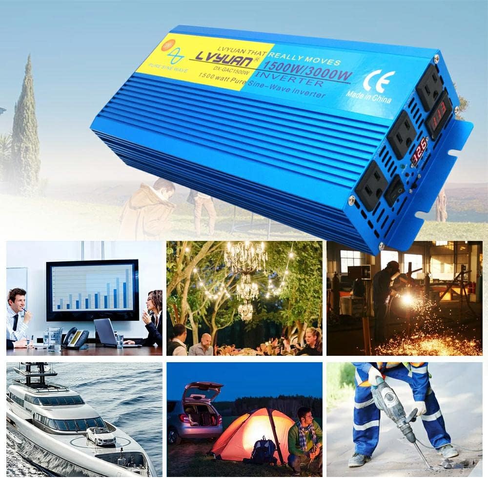 1500W Pure Sine Wave Inverter 12V to 110V 3000W Peak Power Converter with LCD Display, Dual AC Outlets D1075