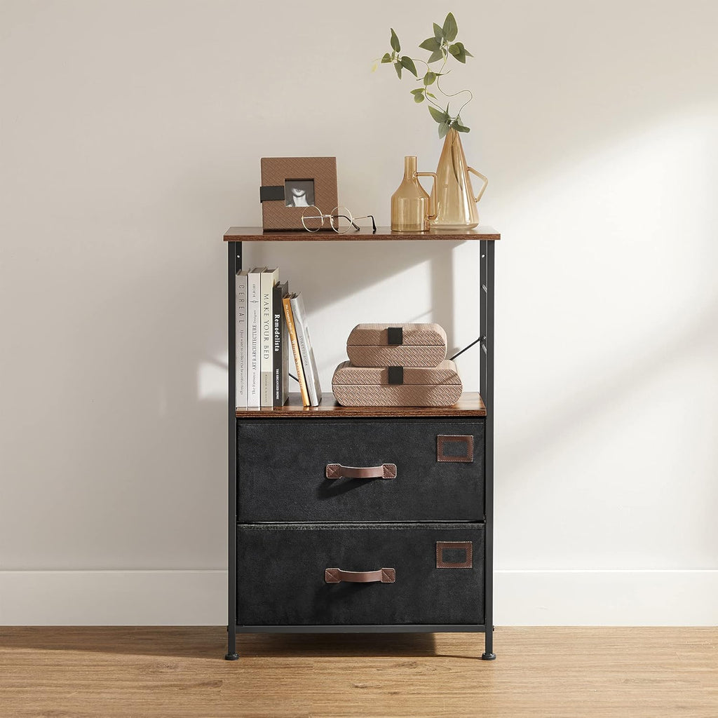 Rustic Brown Black Gray Nightstand with 2 Fabric Drawers and Wooden Top Q78040
