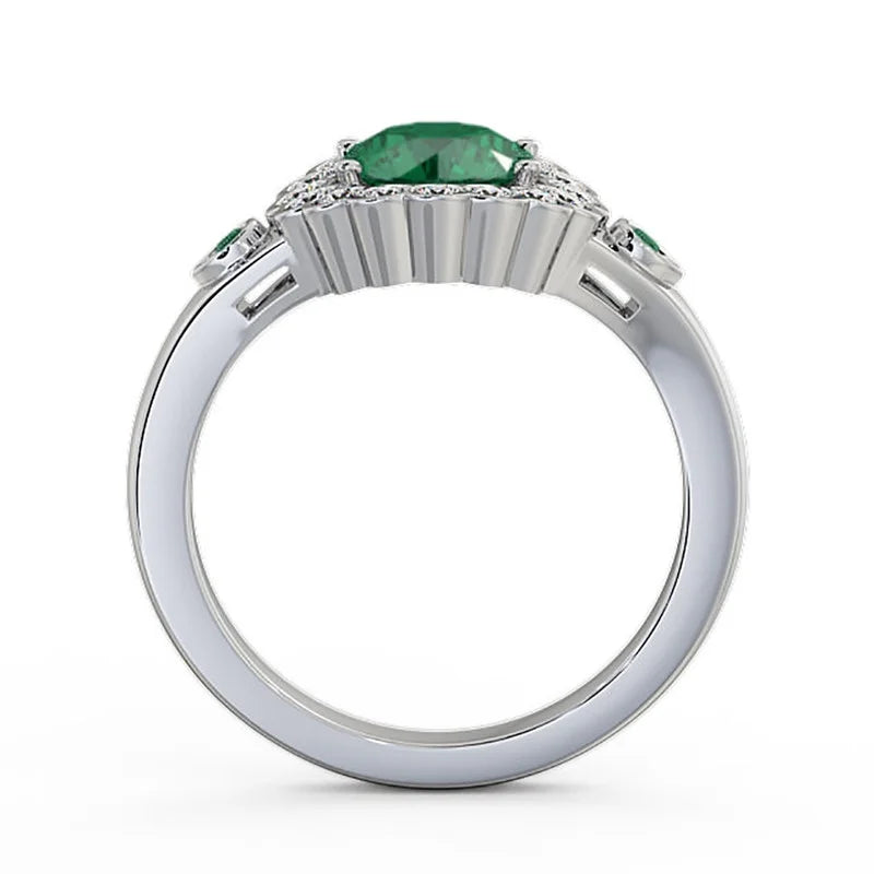 14K White Gold Floral Halo Round Cut Emerald Real Diamond Ring Size 7.5 S344941
