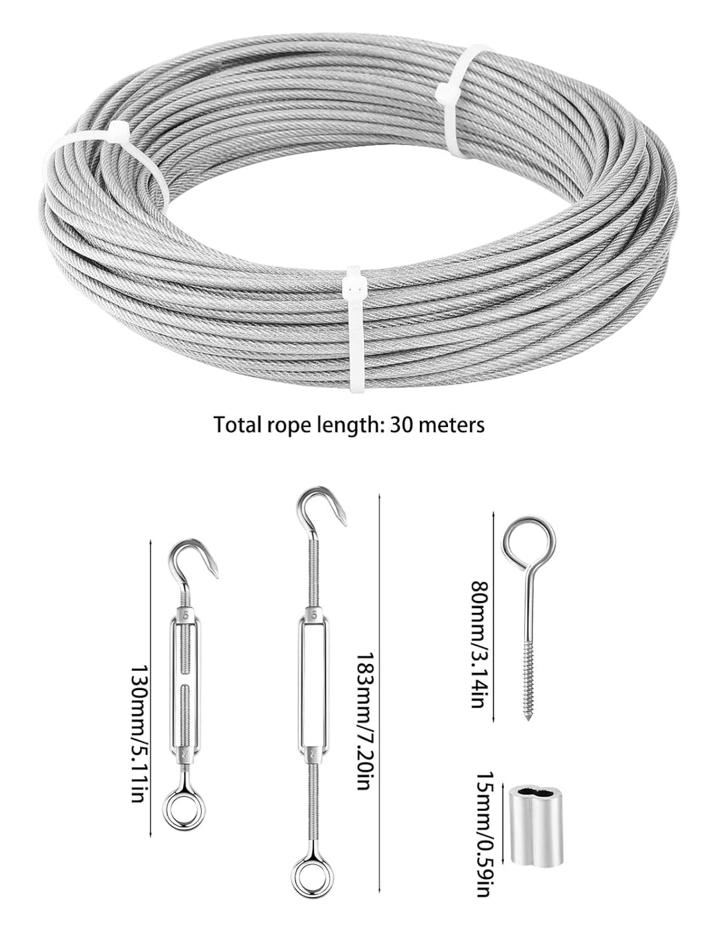 1/8 Wire Rope Kit with 100ft Stainless Steel Cable, M5 Turnbuckle Hook and Eye, Double Hole Cable Clamp L673