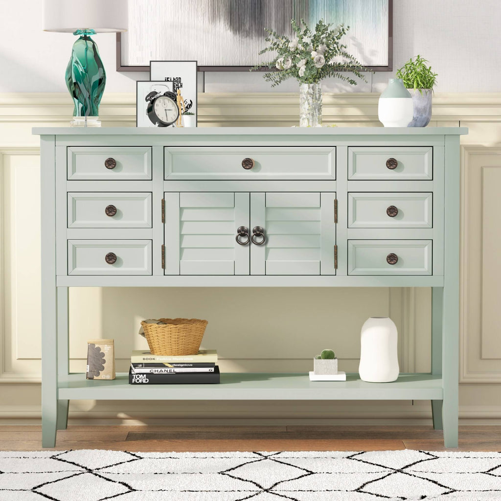 Light Blue Pine Console Table with 7 Drawers and 1 Cabinet and 1 Shelf Y484
