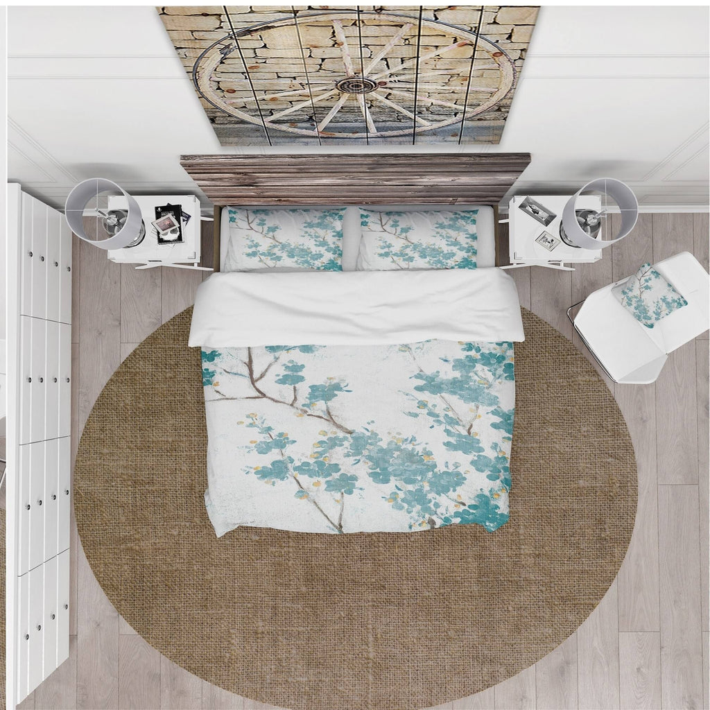 Teal Cherry Blossoms Queen Fabric Duvet Cover Set P584740