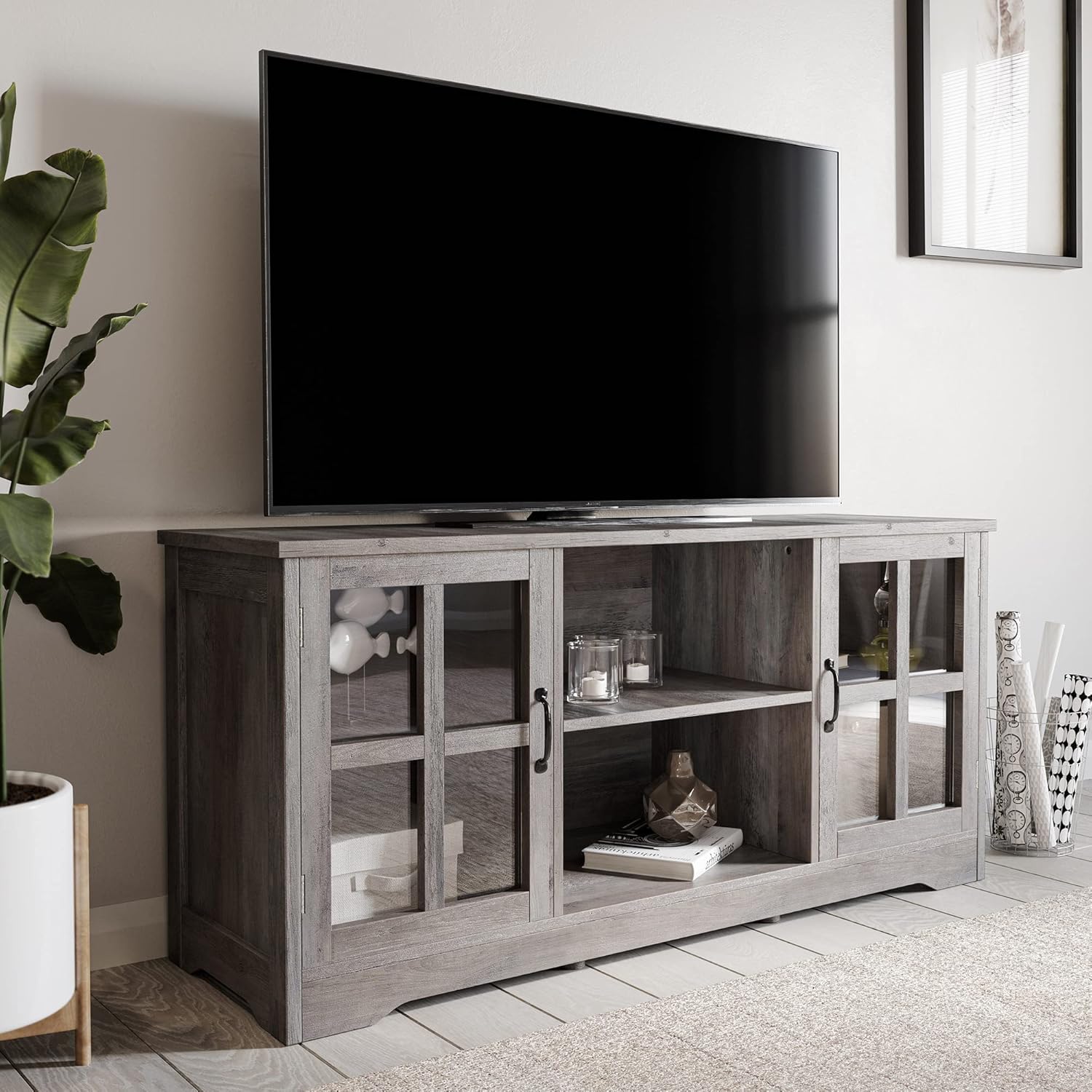 Espresso TV Stand with Wood Glass Storage Cabinets B7703