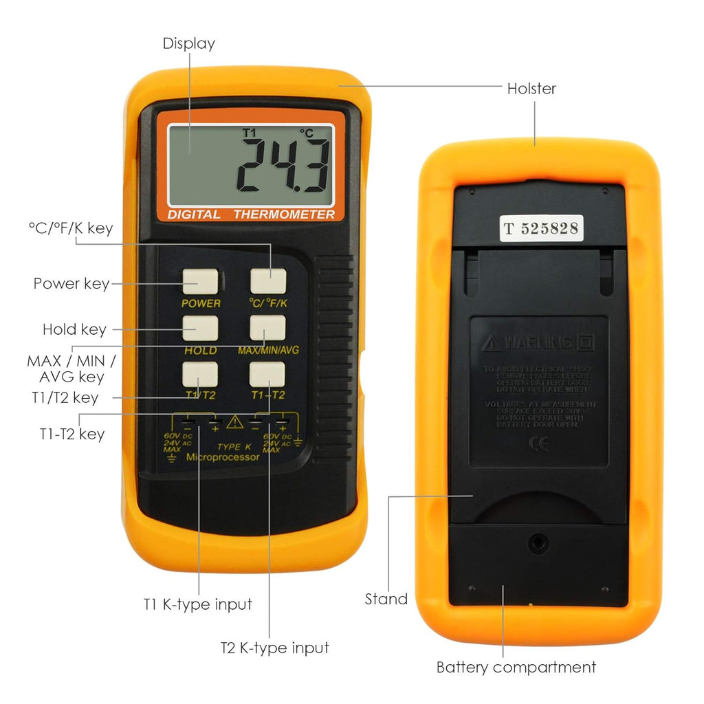 2 Channels K-Type Thermometer with 4 Stainless Steel Thermocouples, -50~1300°C Handheld Desktop Meter M41100