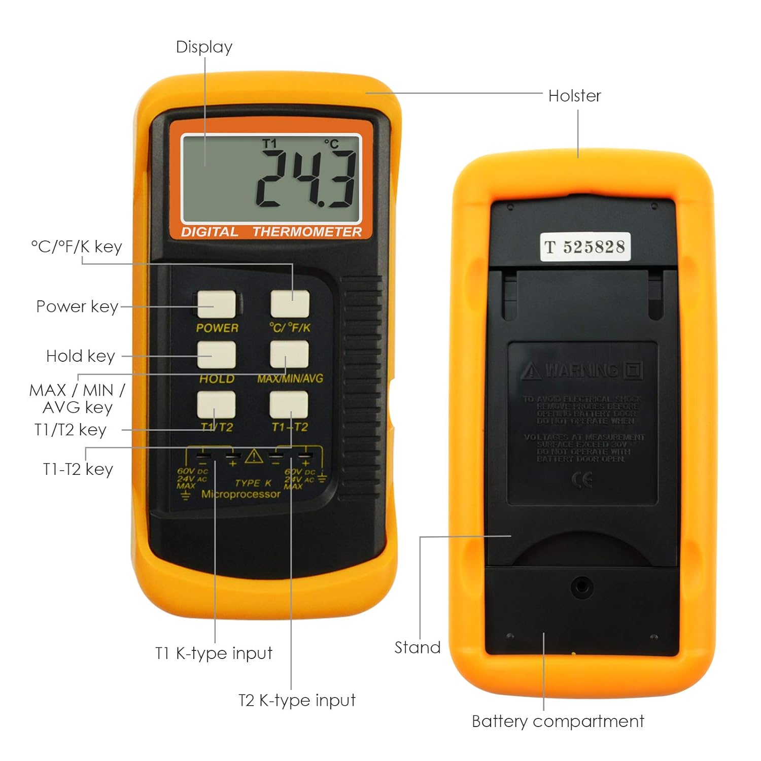 2 Channels K-Type Thermometer with 4 Stainless Steel Thermocouples, -50~1300°C Handheld Desktop Meter M41100
