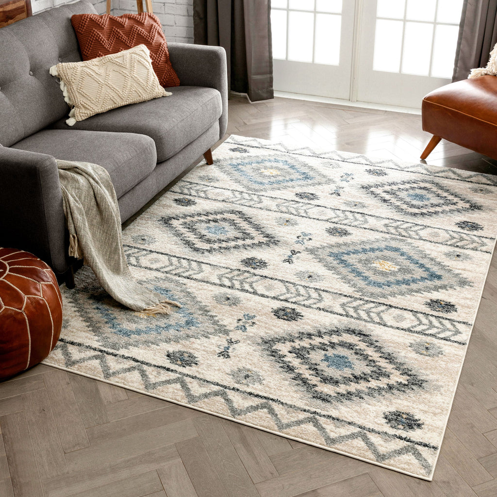 Blue Tribal Geometric Distressed Area Rug Z8214