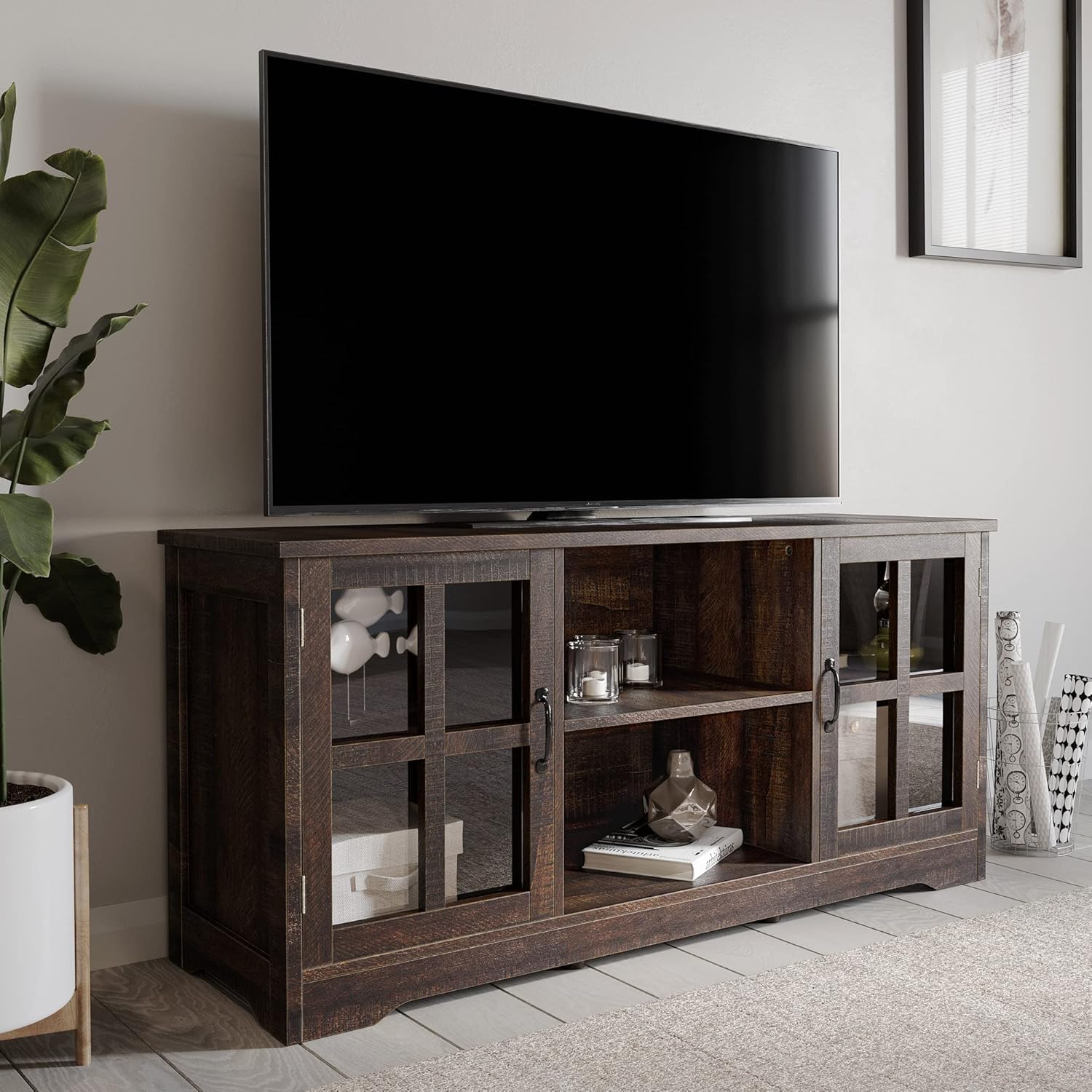 Espresso TV Stand with Wood Glass Storage Cabinets B7703