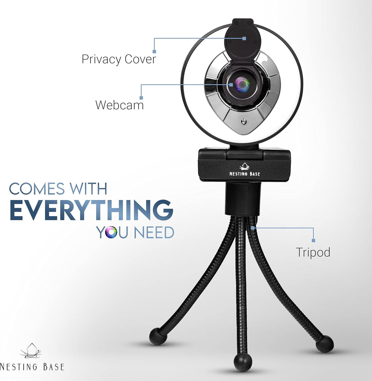 1080p Webcam with Ring Light, Privacy Cover, Auto Focus E73703