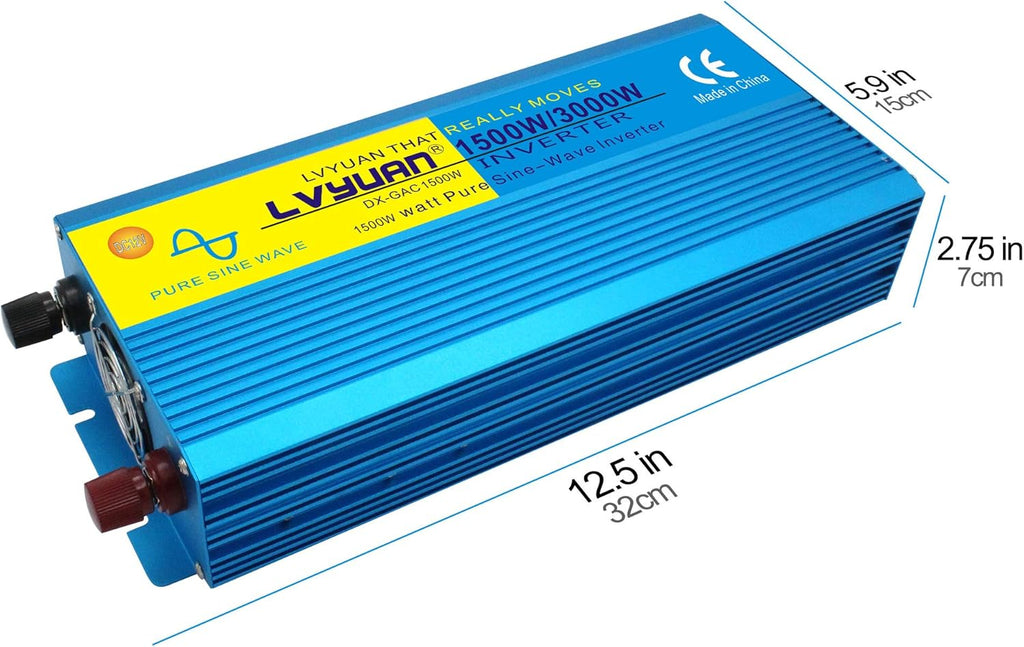 1500W Pure Sine Wave Inverter 12V to 110V 3000W Peak Power Converter with LCD Display, Dual AC Outlets D1075