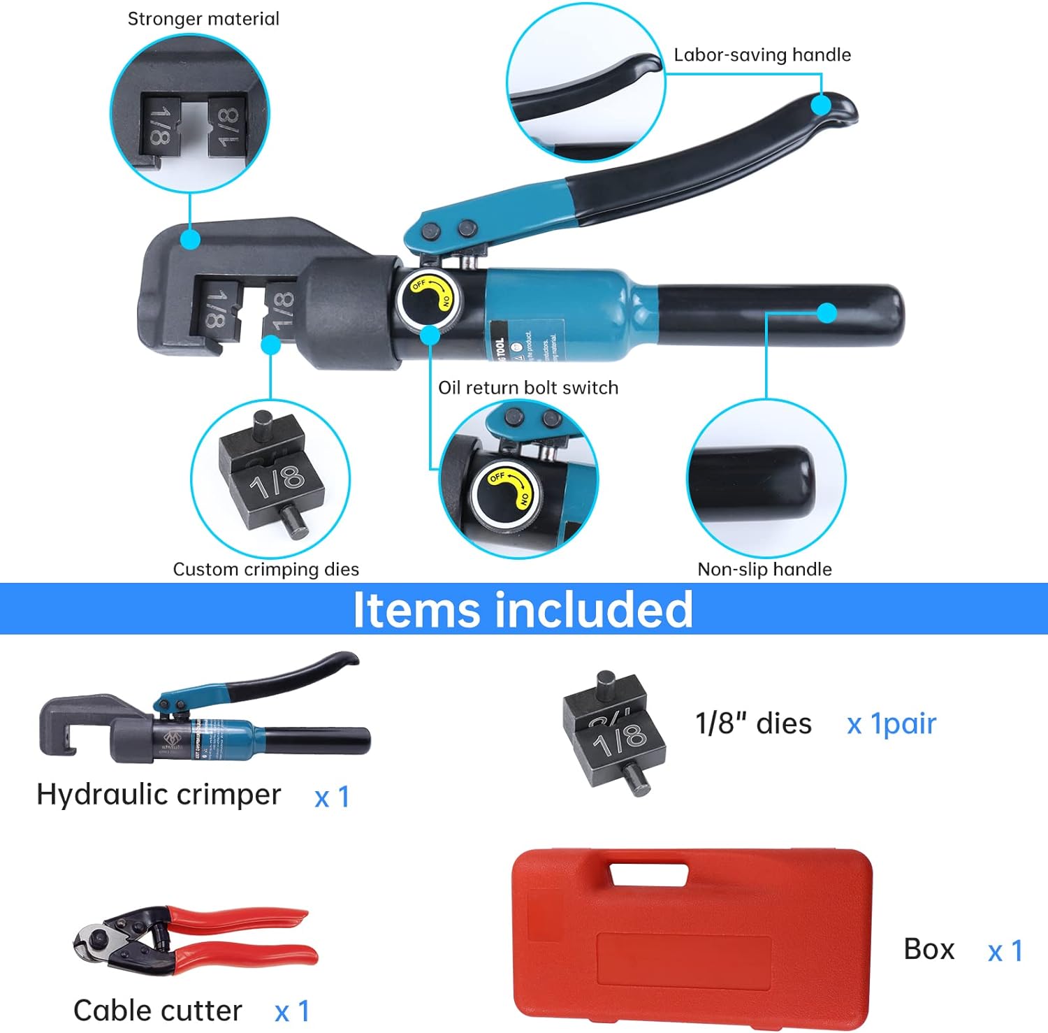 Hydraulic Hand Crimper Tool for 1/8" Stainless Steel Cable Railing Hardware Wire Rope Swaging with Wire Cable Cutter H986404