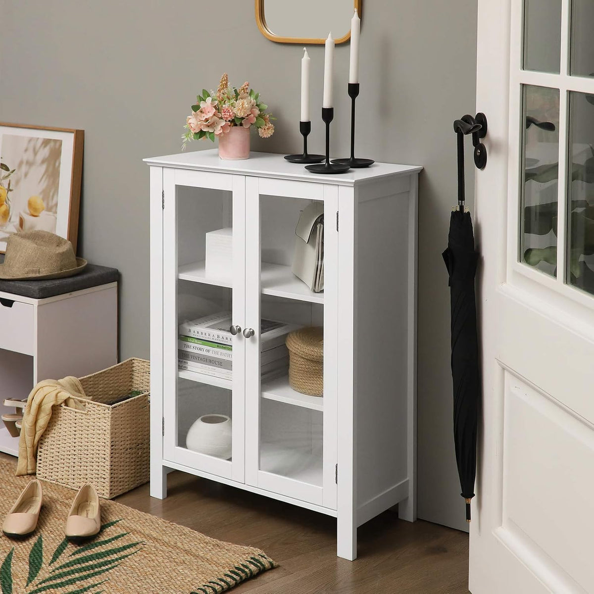 Storage Cabinet with 2 Adjustable Shelves, Transparent Glass Doors, Matte White K67432