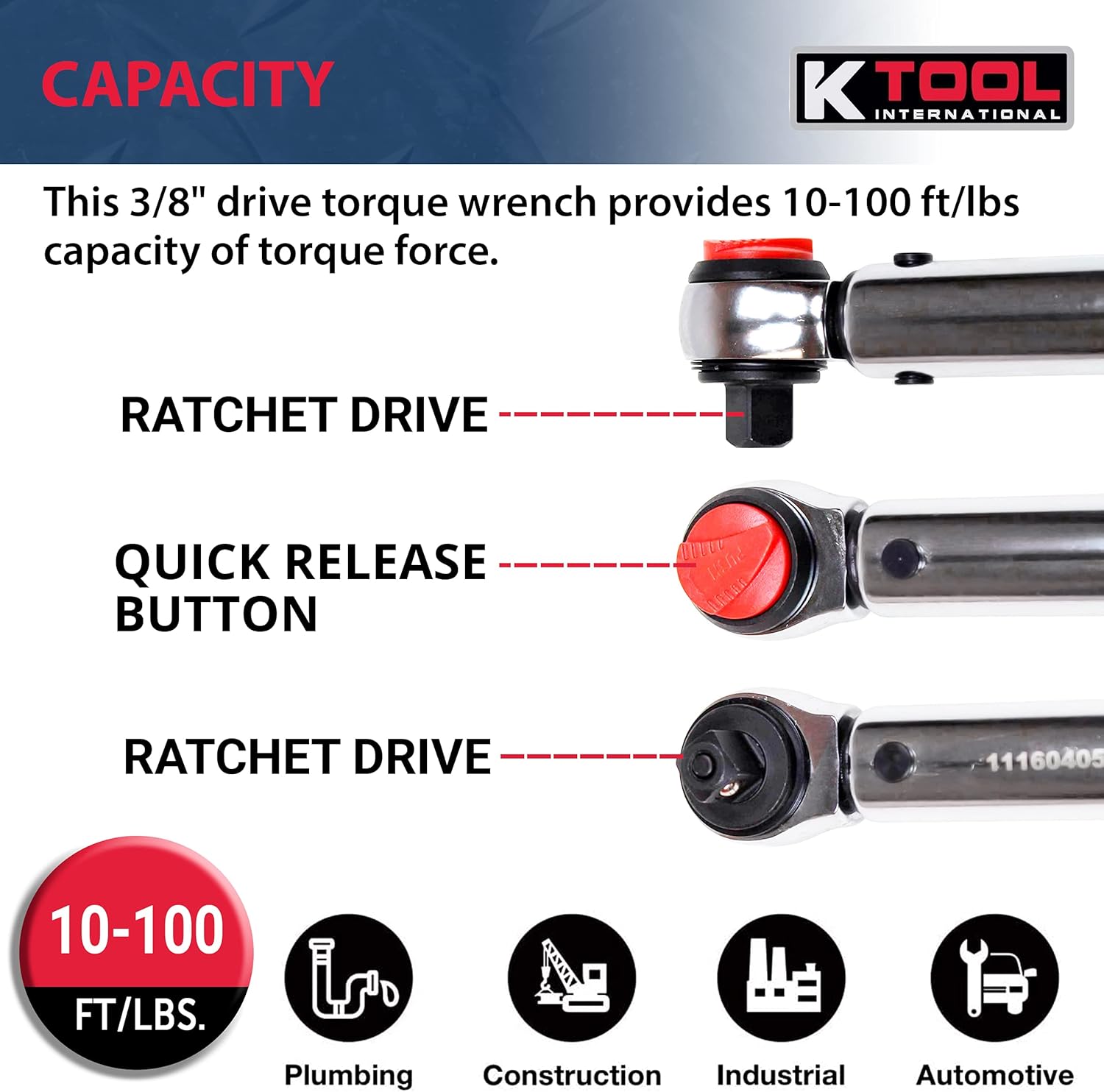 3/8 Drive Click Style Long Torque Wrench, 10-100 feet/lbs. Capacity, 16-1/4 Long E1606