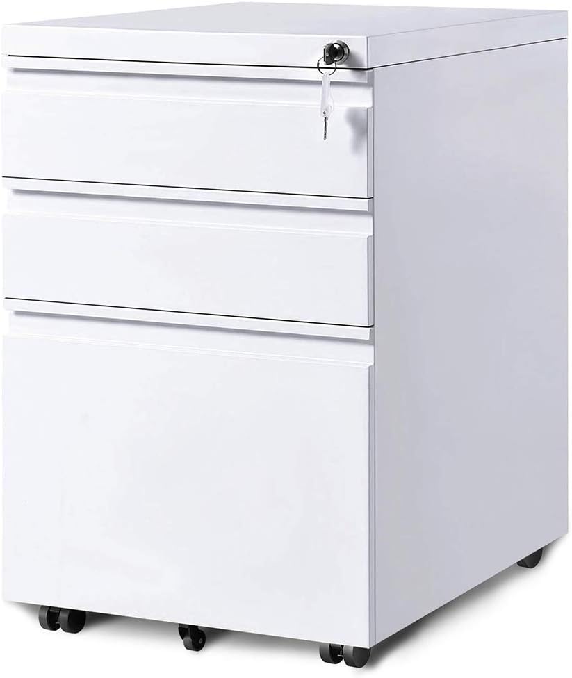 Black 3-Drawer Rolling Metal File Cabinet with Lock S7015