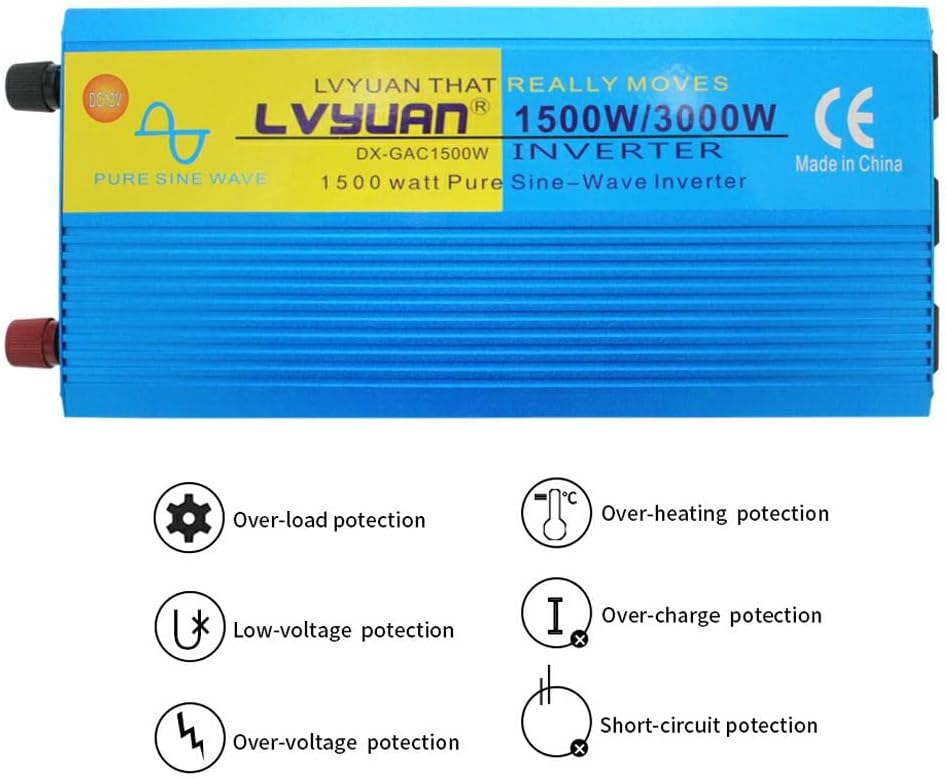 1500W Pure Sine Wave Inverter 12V to 110V 3000W Peak Power Converter with LCD Display, Dual AC Outlets D1075