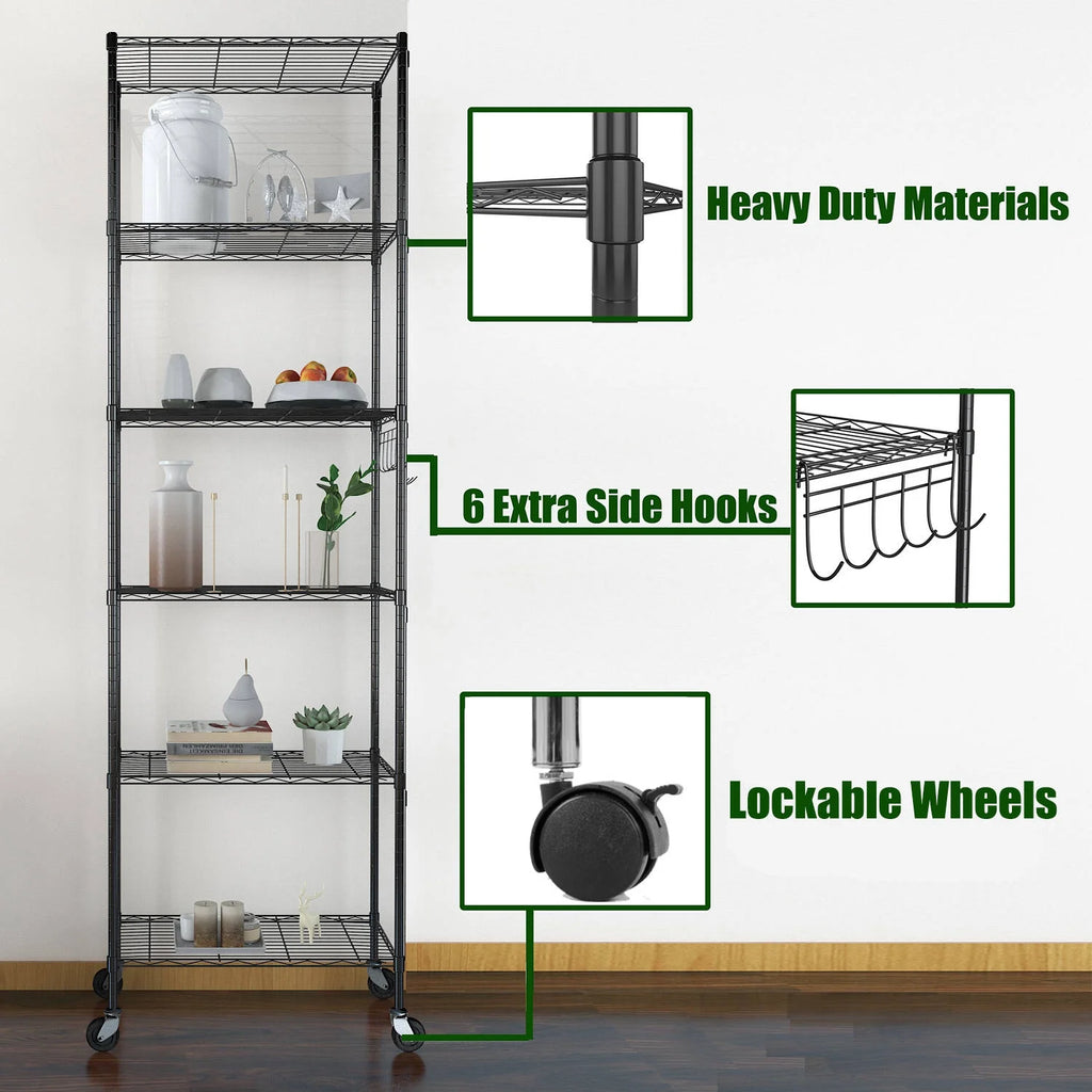 6 Shelves Wire Metal Heavy Duty Shelving Rack with Wheel, Silver F10552
