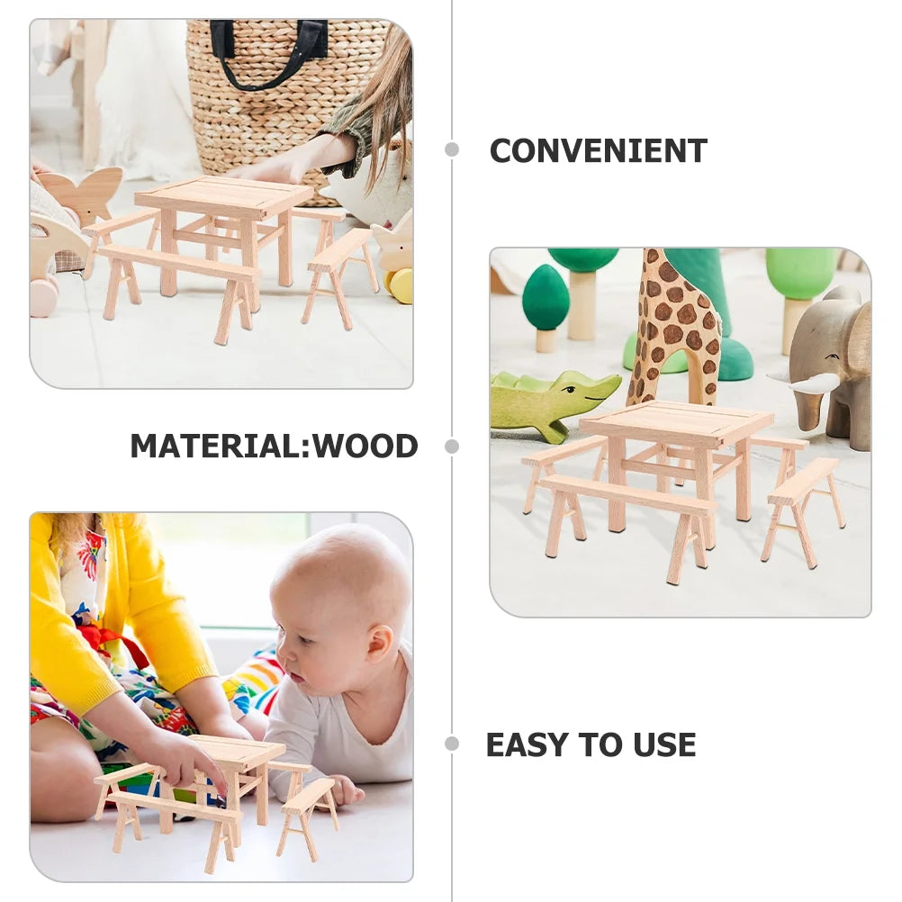 Kids Table and Chairs Mini Wooden Dollhouse Furniture Puzzle Toy Set G921