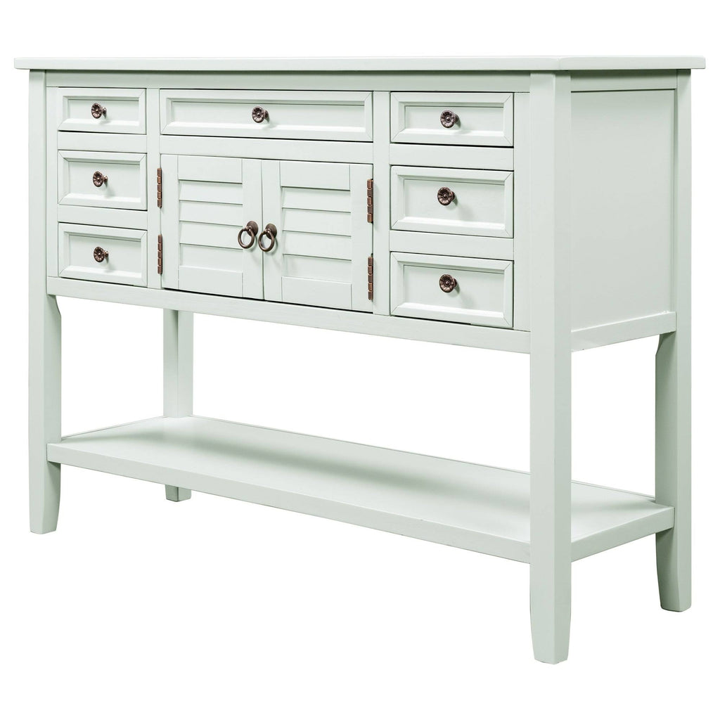 Light Blue Pine Console Table with 7 Drawers and 1 Cabinet and 1 Shelf Y484