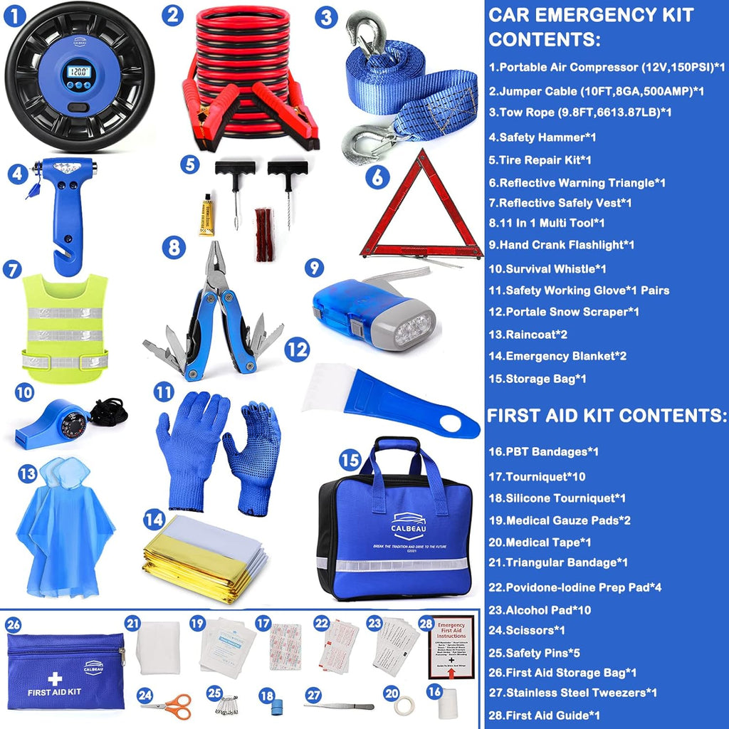 Car Emergency Kit with Air Compressor, Jumper Cable, Tow Strap, Safety Hammer, First Aid Kit O5239