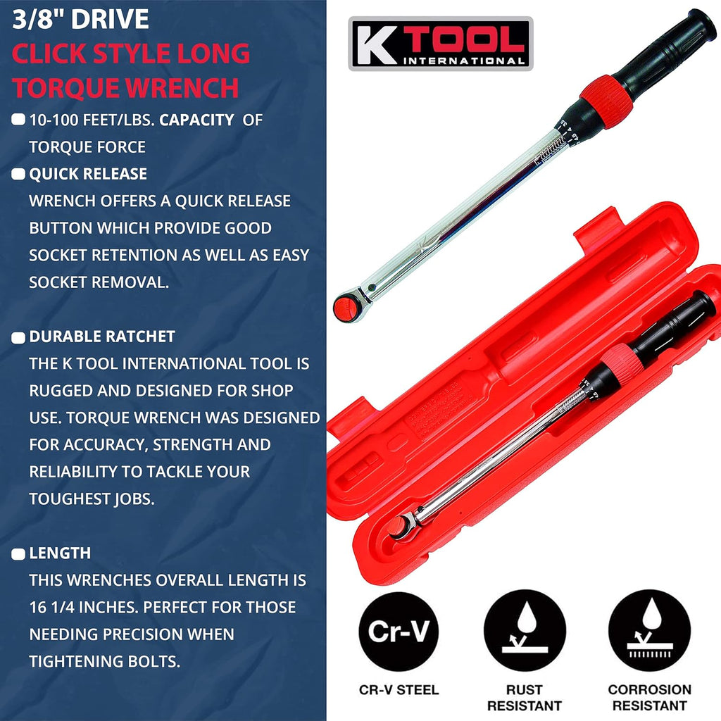 3/8 Drive Click Style Long Torque Wrench, 10-100 feet/lbs. Capacity, 16-1/4 Long E1606