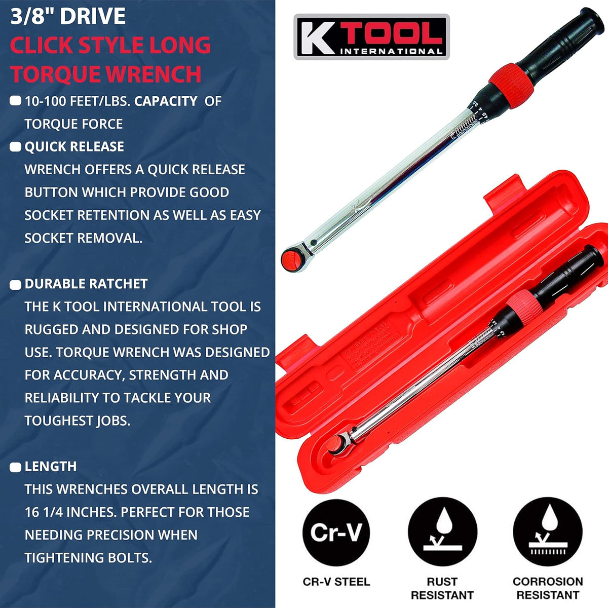 3/8 Drive Click Style Long Torque Wrench, 10-100 feet/lbs. Capacity, 16-1/4 Long E1606