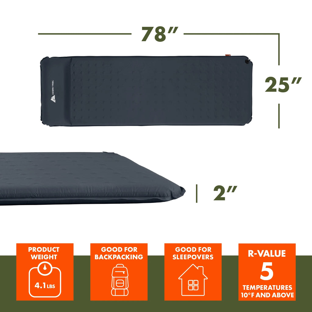 Self-Inflating Camp Pad with Pillow, Grey, 78" L x 25" W x 2" H N6411