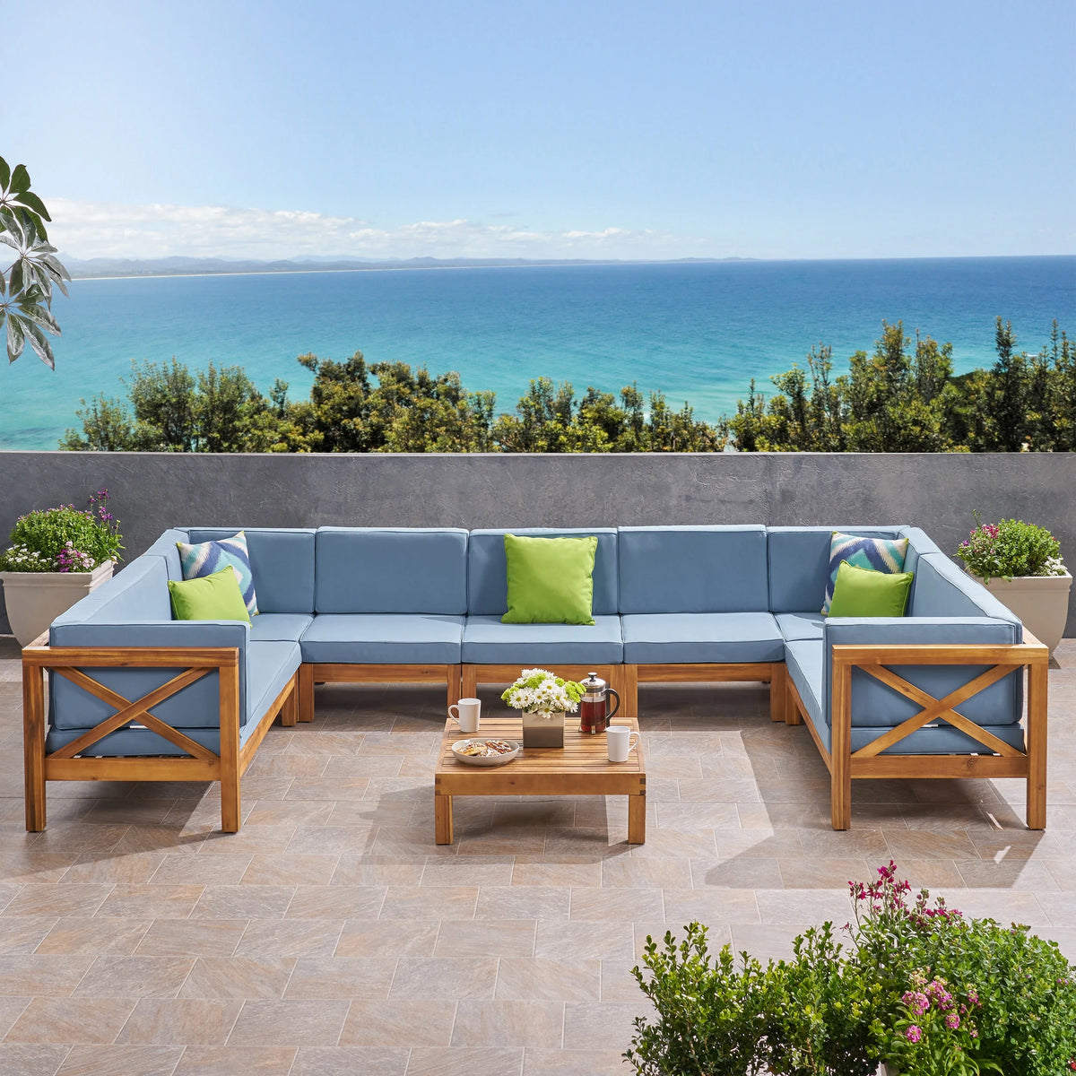 Blue Teak Finish Acacia Wood Sectional Sofa Set X5965