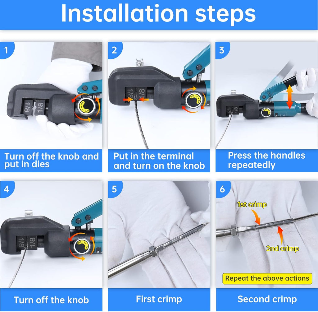 Hydraulic Hand Crimper Tool for 1/8" Stainless Steel Cable Railing Hardware Wire Rope Swaging with Wire Cable Cutter H986404
