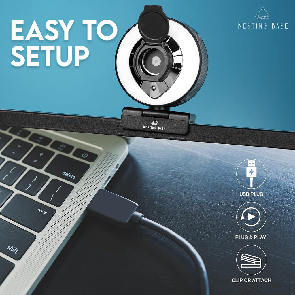 1080p Webcam with Ring Light, Privacy Cover, Auto Focus E73703