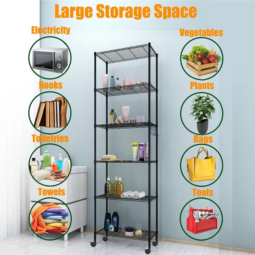 6 Shelves Wire Metal Heavy Duty Shelving Rack with Wheel, Silver F10552