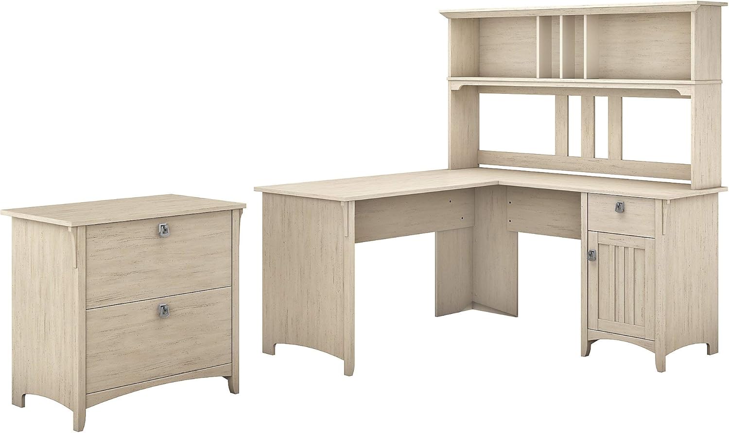 Antique White L Shaped Desk with Hutch and Lateral File Cabinet M617829
