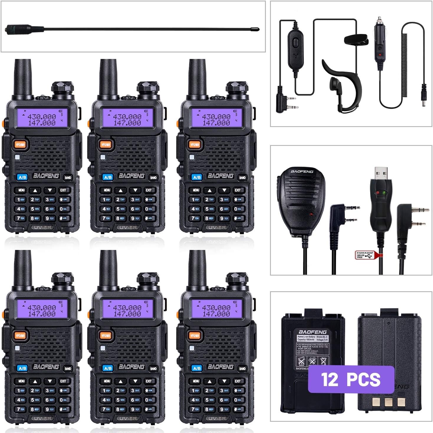 6 Pack Ham Radio with Programming Cable, Antennas, Mics, and Batteries N569