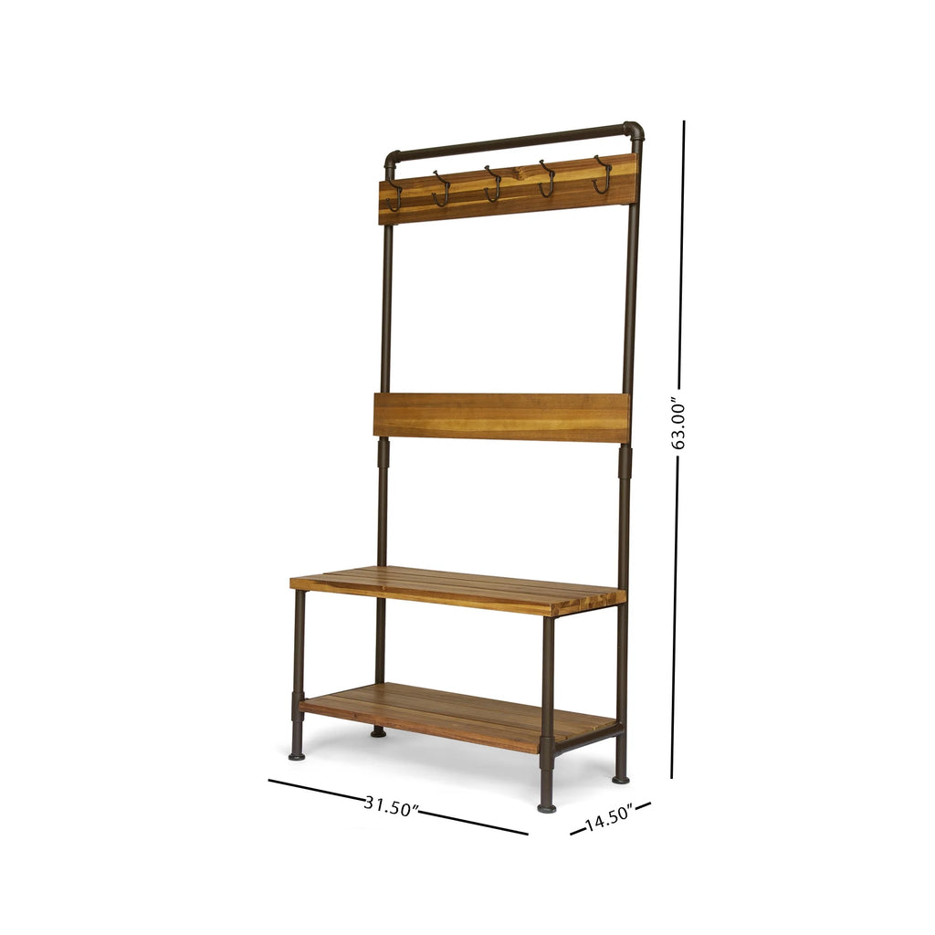 Teak Acacia Wood and Iron Bench with Shelf and Coat Hooks J41577