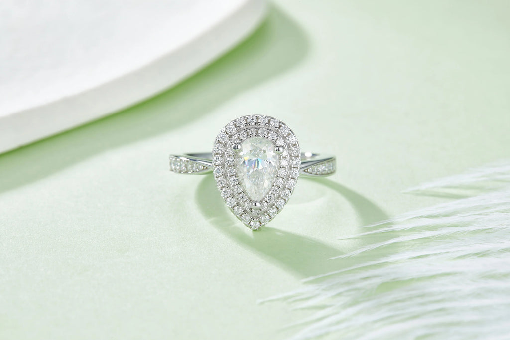 Pear Cut Moissanite Pave Set Engagement Ring In 18K White Gold Plating Over Silver G6538
